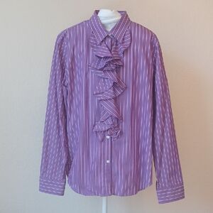 Chaps Purple Pin Stripe Button Down Blouse Shirt with Ruffles, Womens Size Large